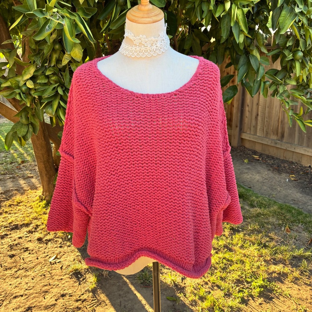 Free People Pink Garter Stitch Oversized Cropped Cotton Blend Sweater Small